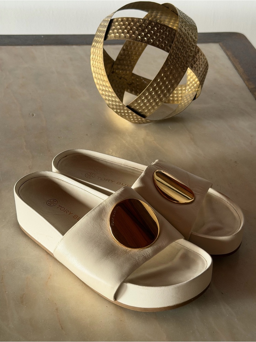 TORY BURCH Patos leather platform slide sandals  in ivory and gold